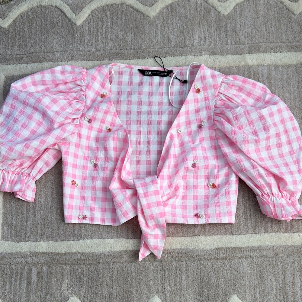 Zara Pink Checkered Puff Sleeve Blouse
